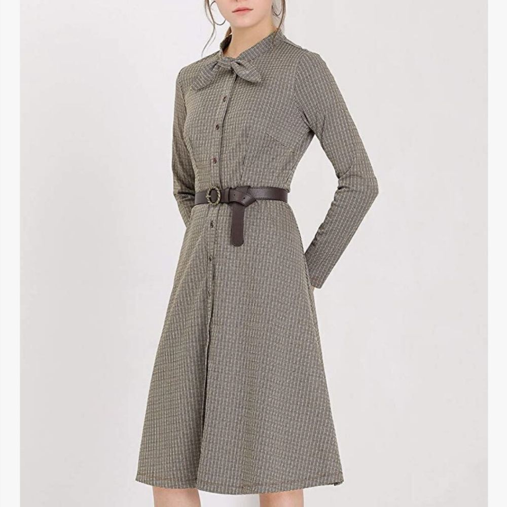 Allegra K Women's Tie Neck Button Up Work Office Plaid Houndstooth Midi Dress  - Picture 2 of 7